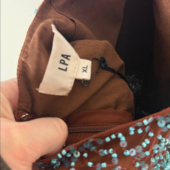 LPA Barbi Beaded Micro Mini Dress in Brown & Fuchsia - Picture 9 of 12